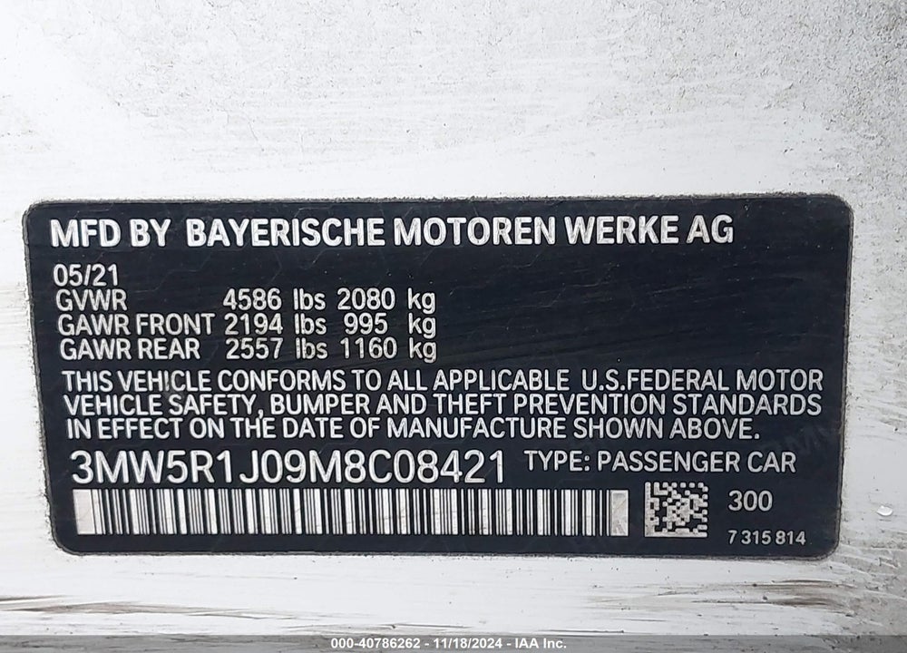 2021 BMW 330I VIN: 3MW5R1J09M8C08421
