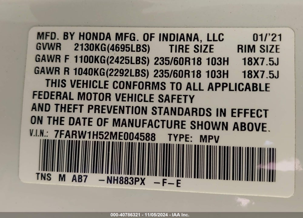2021 HONDA CR-V 2WD EX VIN: 7FARW1H52ME004588