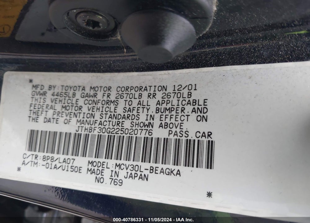 2002 LEXUS ES 300 VIN: JTHBF30G225020776