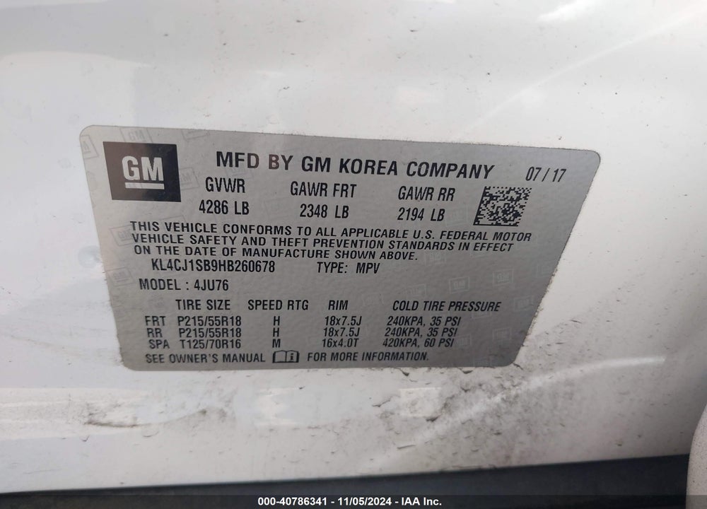 2017 BUICK ENCORE SPORT TOURING VIN: KL4CJ1SB9HB260678