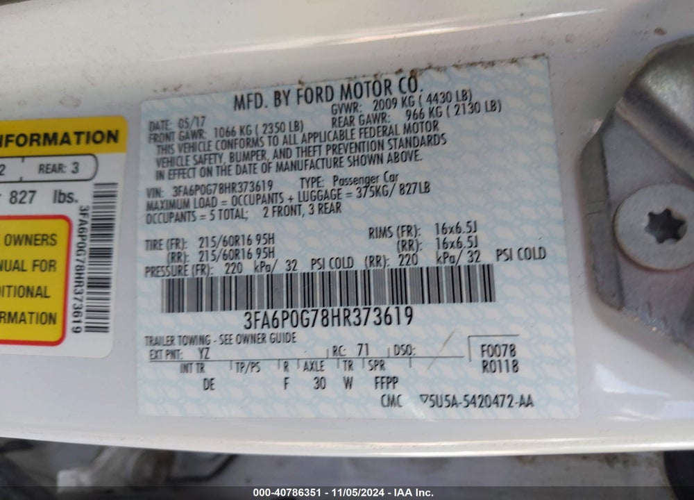 2017 FORD FUSION S VIN: 3FA6P0G78HR373619