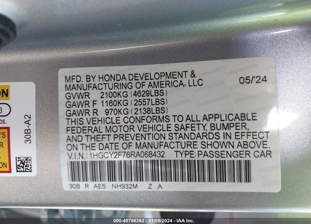 2024 HONDA ACCORD HYBRID SPORT-L VIN: 1HGCY2F76RA068432