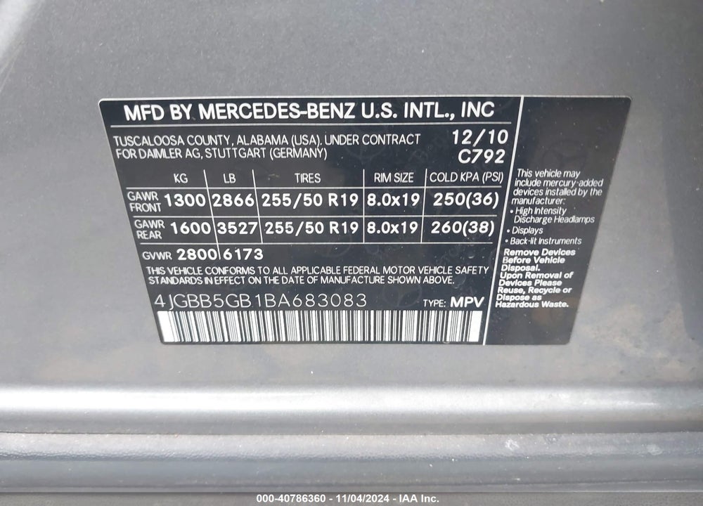 2011 MERCEDES-BENZ ML 350 VIN: 4JGBB5GB1BA683083