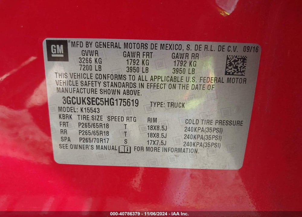 2017 CHEVROLET SILVERADO 1500 1LZ VIN: 3GCUKSEC5HG175619