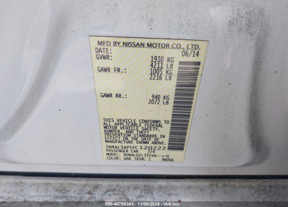 2015 NISSAN ALTIMA 2.5 S VIN: 1N4AL3AP5FC120222