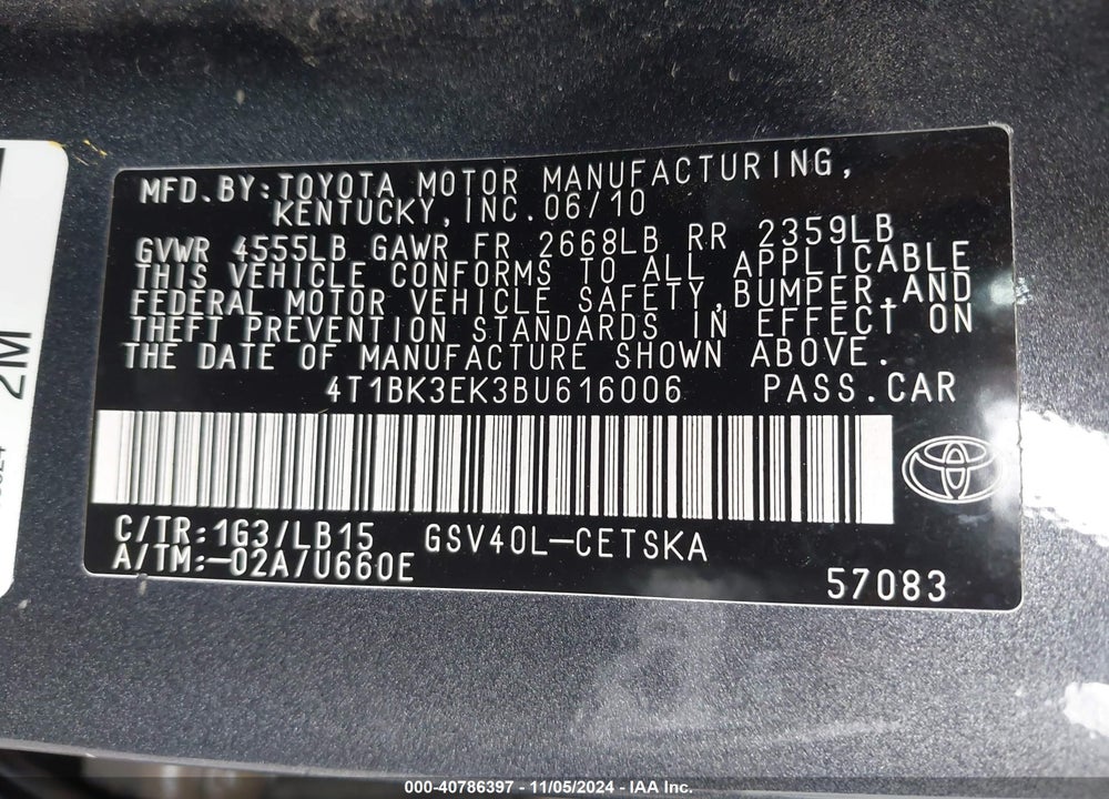 2011 TOYOTA CAMRY SE V6 VIN: 4T1BK3EK3BU616006