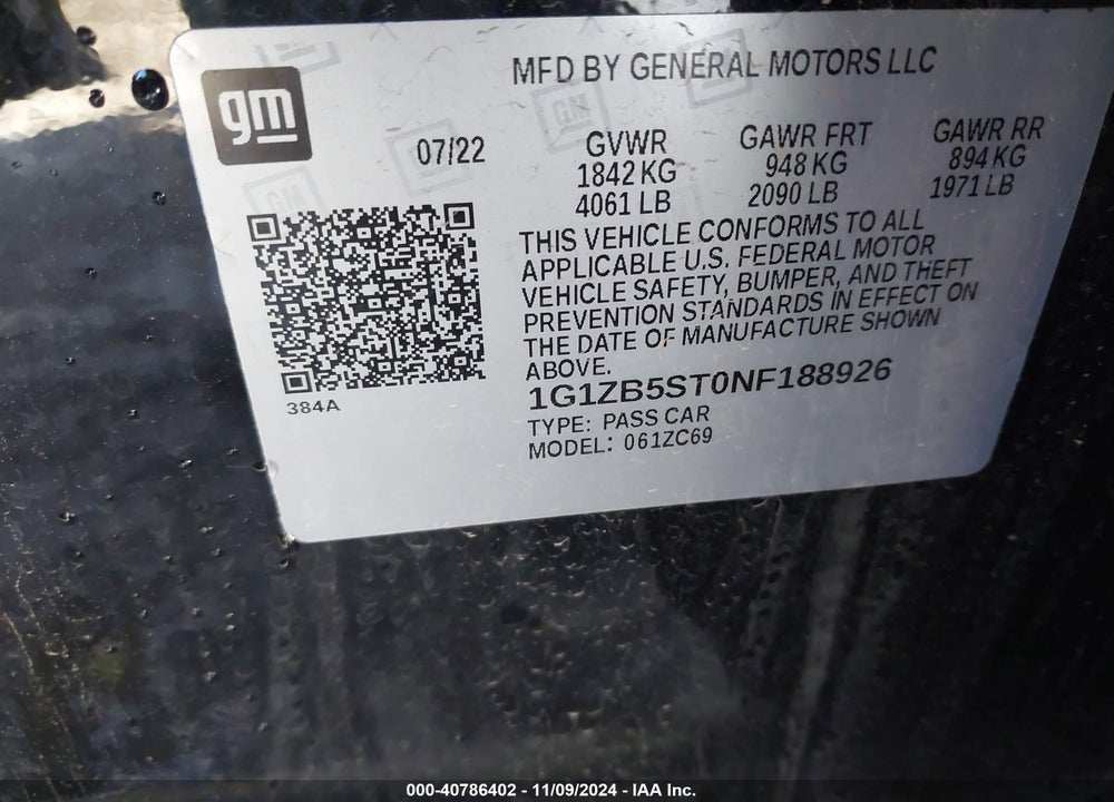 2022 CHEVROLET MALIBU FWD LS VIN: 1G1ZB5ST0NF188926