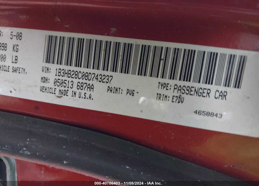 2008 DODGE CALIBER SE VIN: 1B3HB28C08D743237