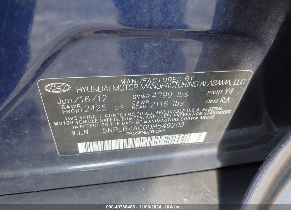 2013 HYUNDAI SONATA GLS VIN: 5NPEB4AC6DH549209
