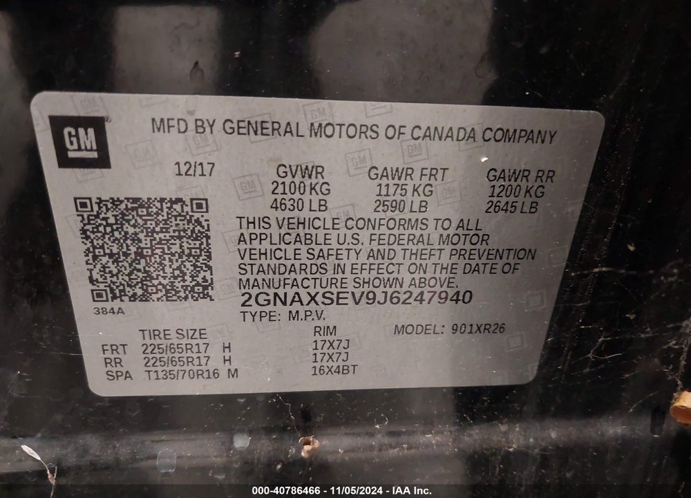 2018 CHEVROLET EQUINOX LT VIN: 2GNAXSEV9J6247940