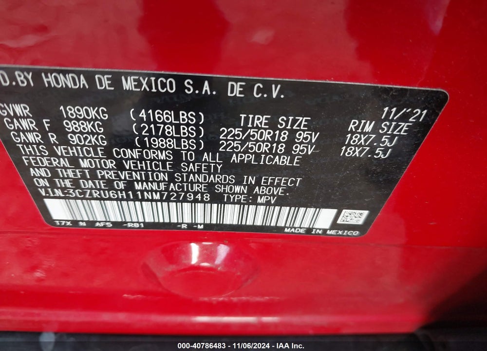 2022 HONDA HR-V AWD SPORT VIN: 3CZRU6H11NM727948