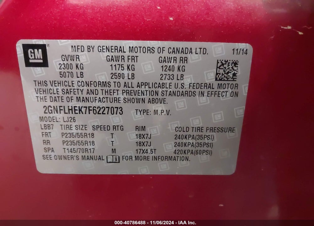 2015 CHEVROLET EQUINOX LTZ VIN: 2GNFLHEK7F6227073