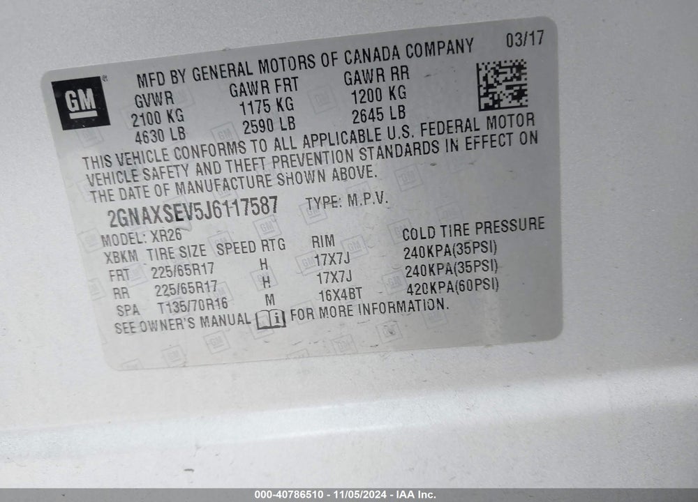 2018 CHEVROLET EQUINOX LT VIN: 2GNAXSEV5J6117587