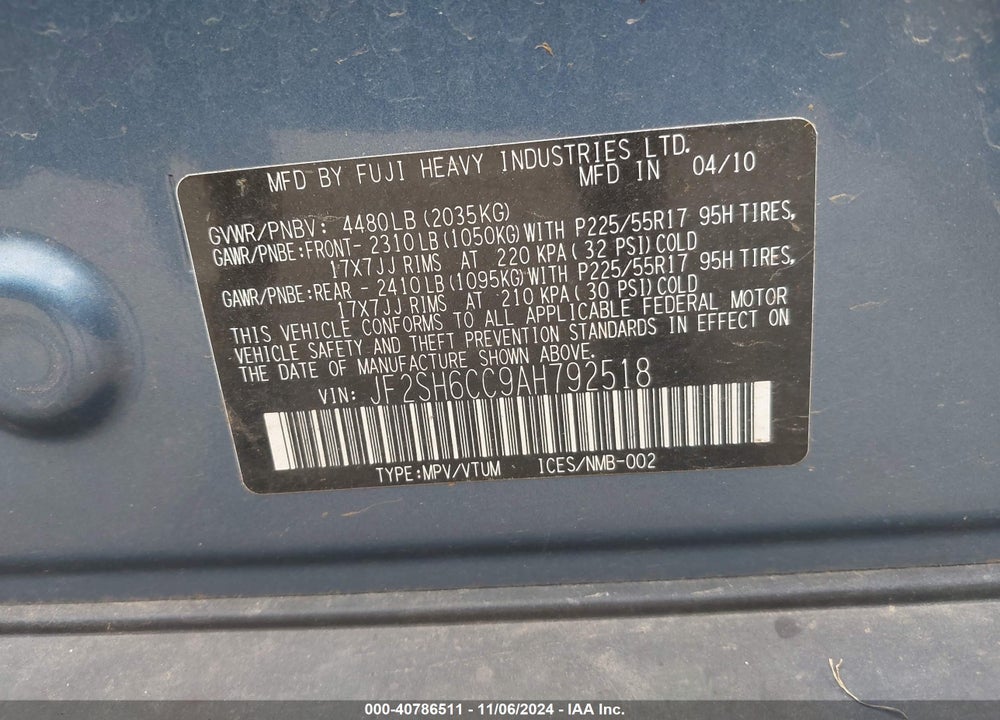 2010 SUBARU FORESTER 2.5X PREMIUM VIN: JF2SH6CC9AH792518
