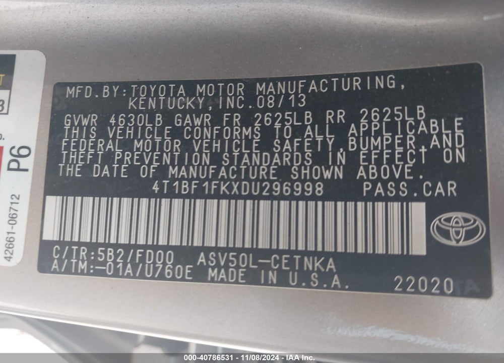 2013 TOYOTA CAMRY LE VIN: 4T1BF1FKXDU296998