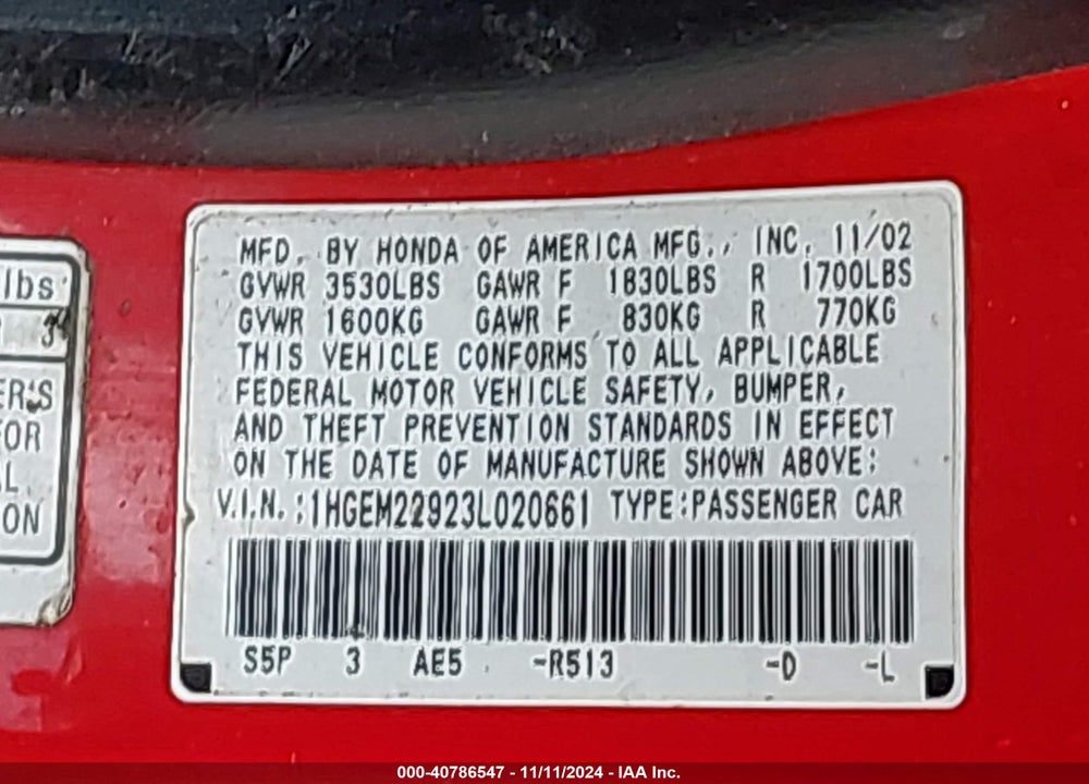2003 HONDA CIVIC EX VIN: 1HGEM22923L020661