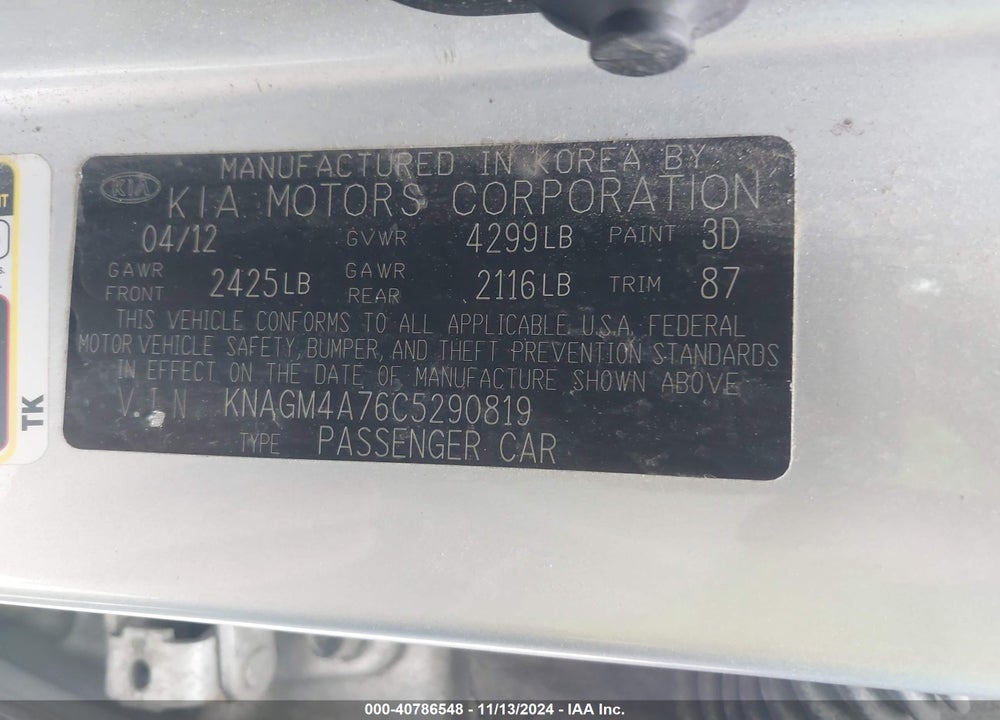 2012 KIA OPTIMA LX VIN: KNAGM4A76C5290819