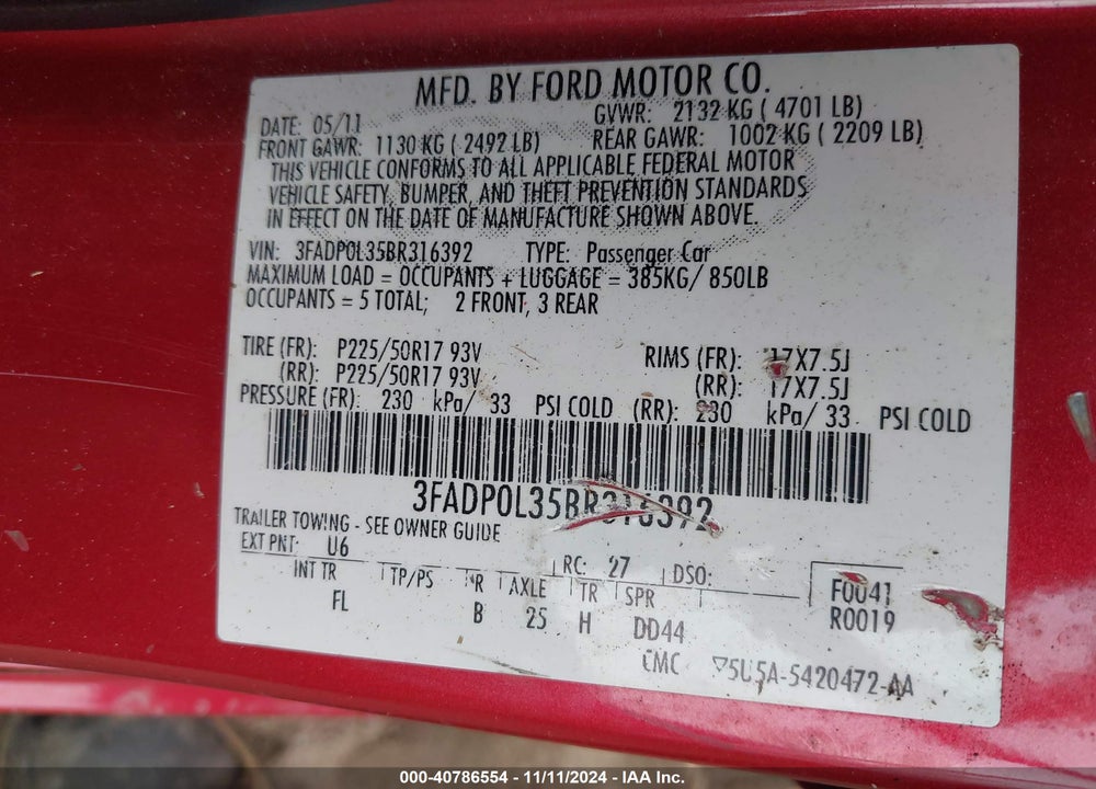 2011 FORD FUSION HYBRID VIN: 3FADP0L35BR316392