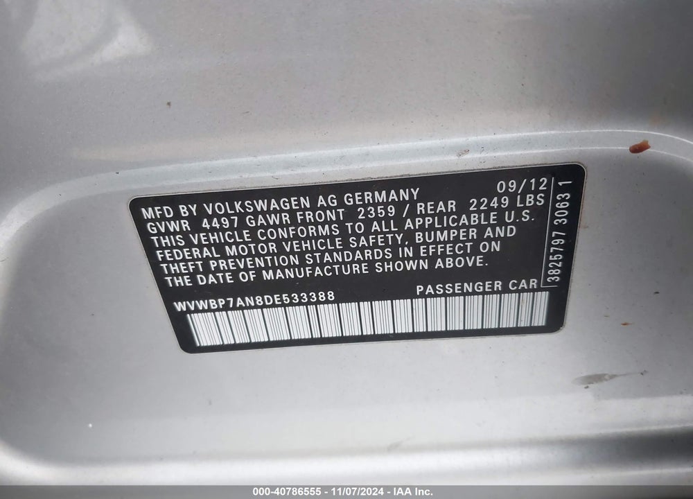 2013 VOLKSWAGEN CC 2.0T SPORT VIN: WVWBP7AN8DE533388