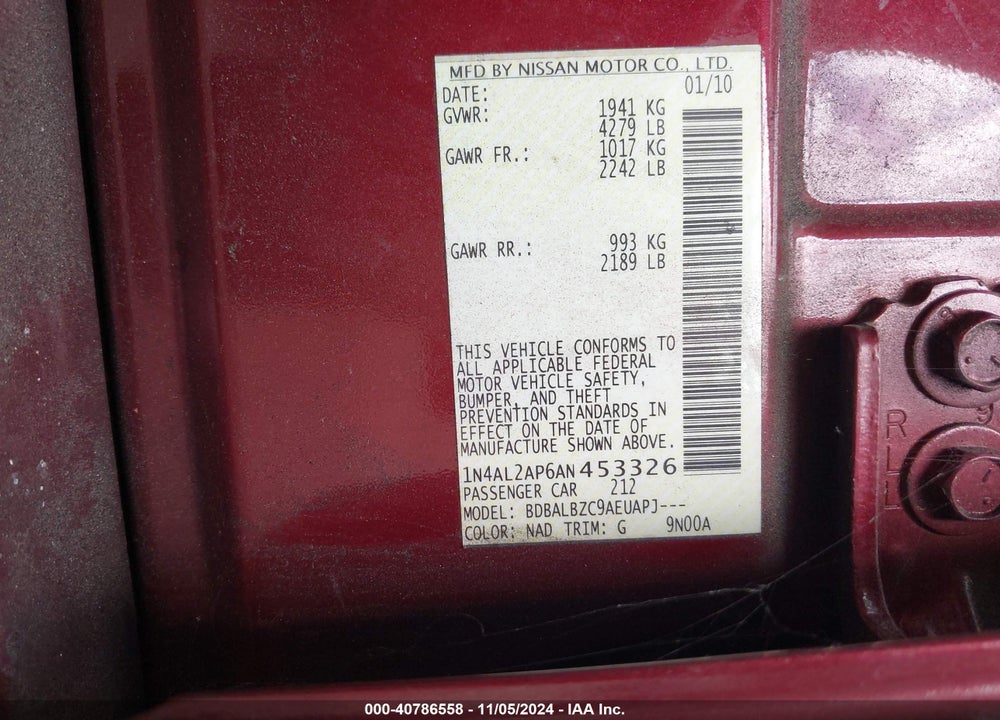2010 NISSAN ALTIMA 2.5 S VIN: 1N4AL2AP6AN453326