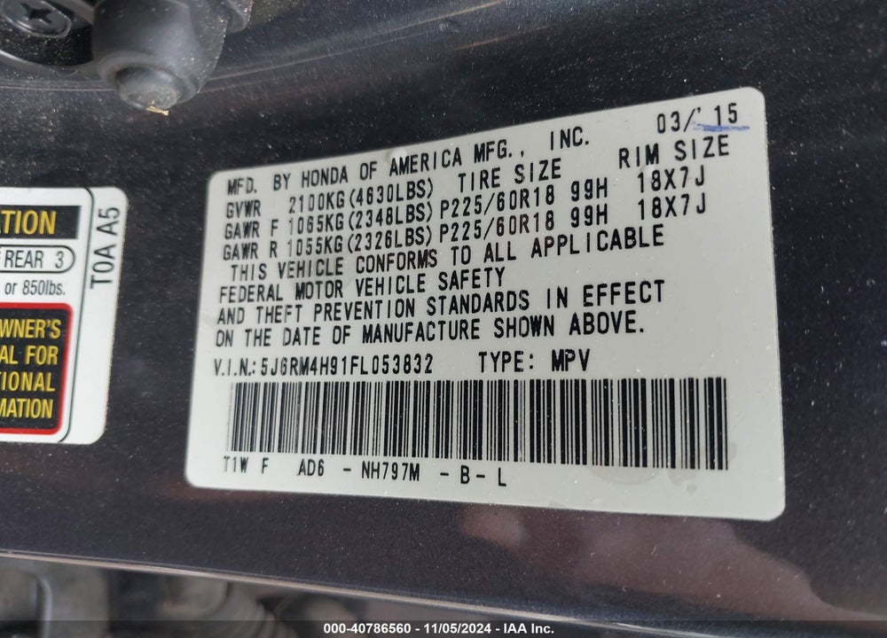 2015 HONDA CR-V TOURING VIN: 5J6RM4H91FL053832