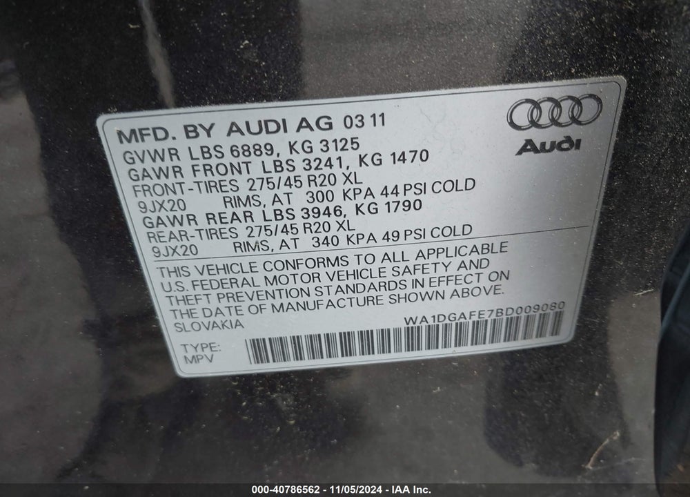 2011 AUDI Q7 3.0T S LINE PRESTIGE VIN: WA1DGAFE7BD009080