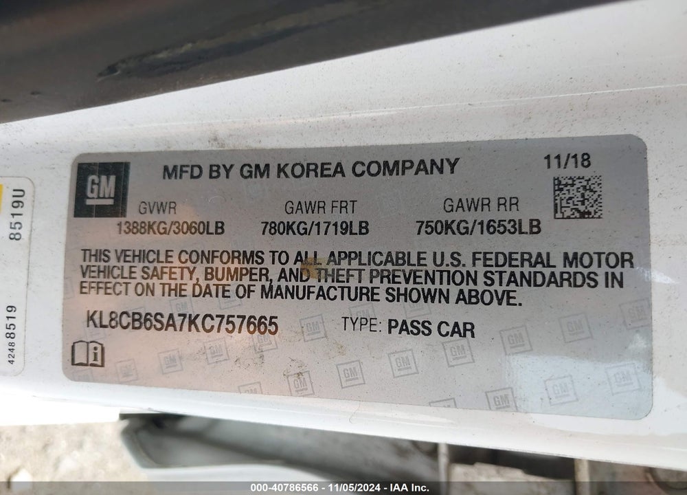 2019 CHEVROLET SPARK LS CVT VIN: KL8CB6SA7KC757665