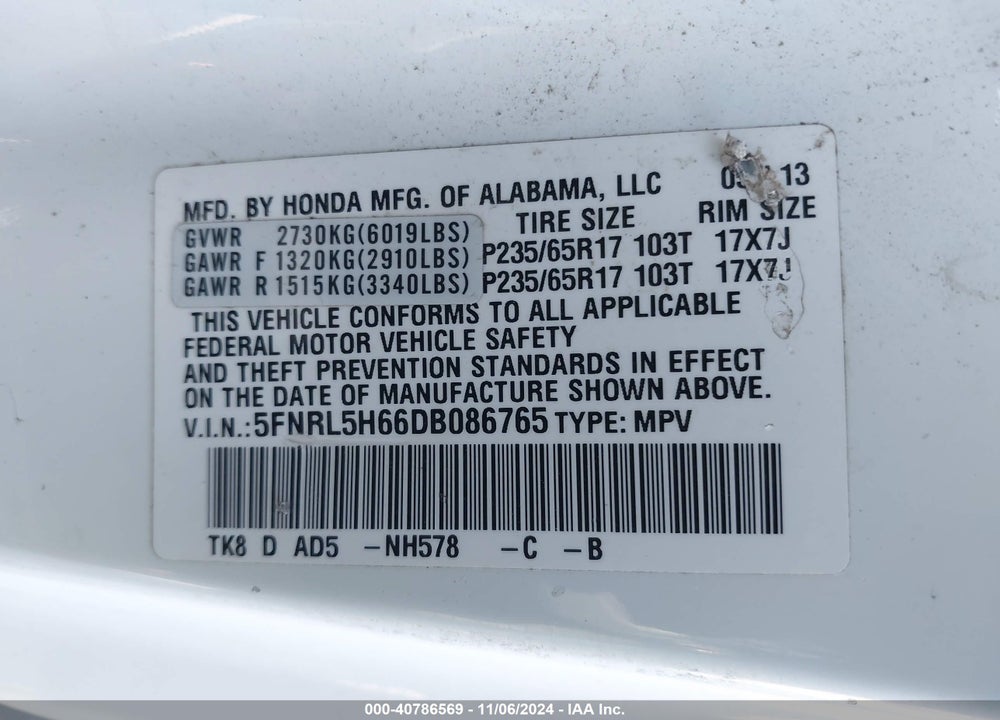 2013 HONDA ODYSSEY EX-L VIN: 5FNRL5H66DB086765