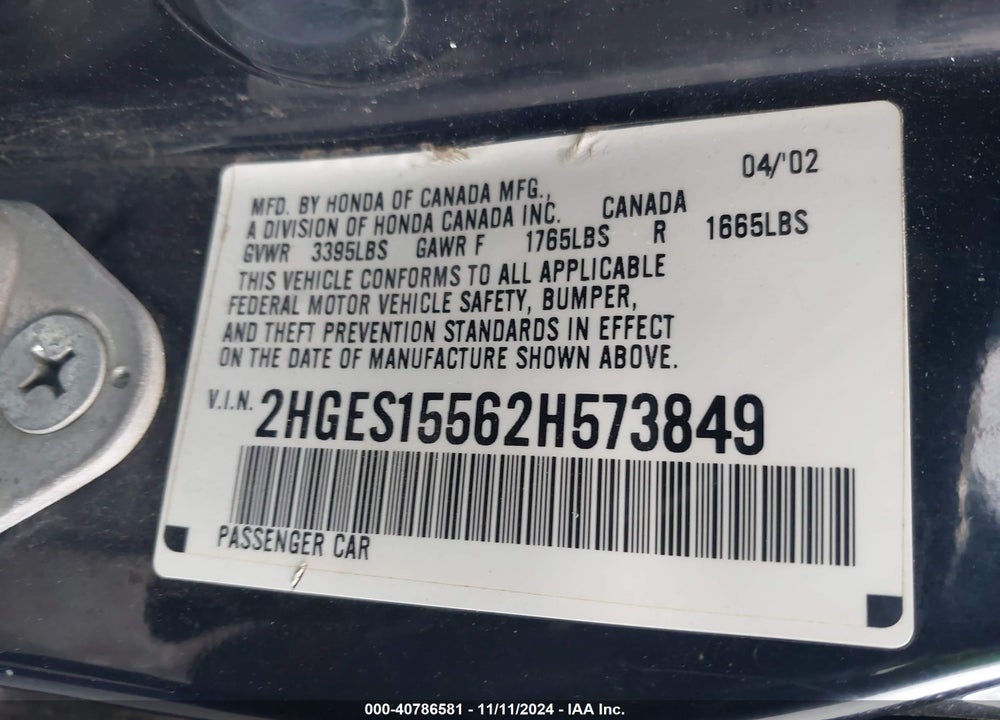 2002 HONDA CIVIC LX VIN: 2HGES15562H573849