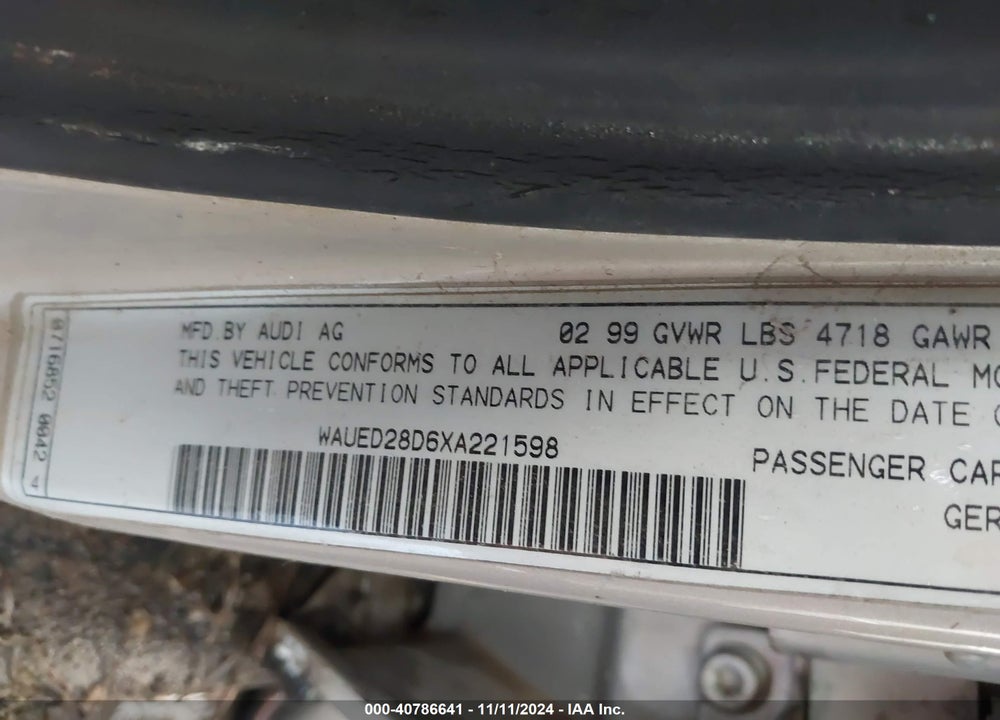 1999 AUDI A4 2.8 VIN: WAUED28D6XA221598