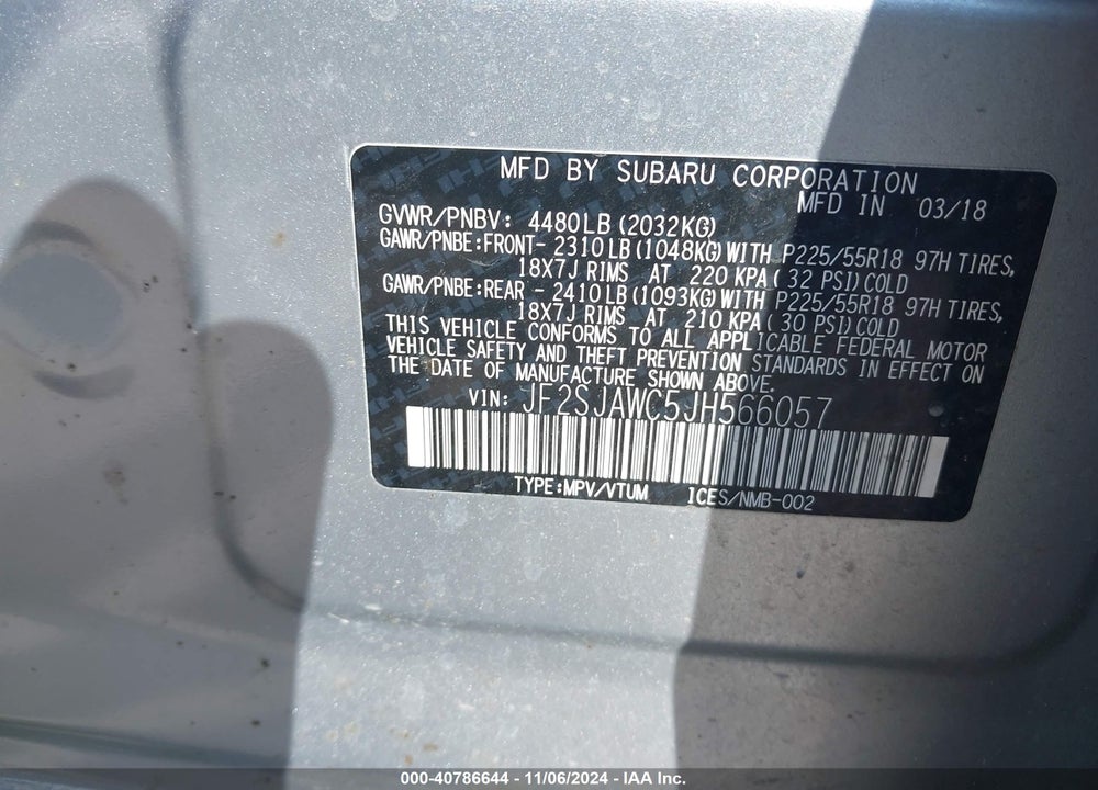 2018 SUBARU FORESTER 2.5I TOURING VIN: JF2SJAWC5JH566057