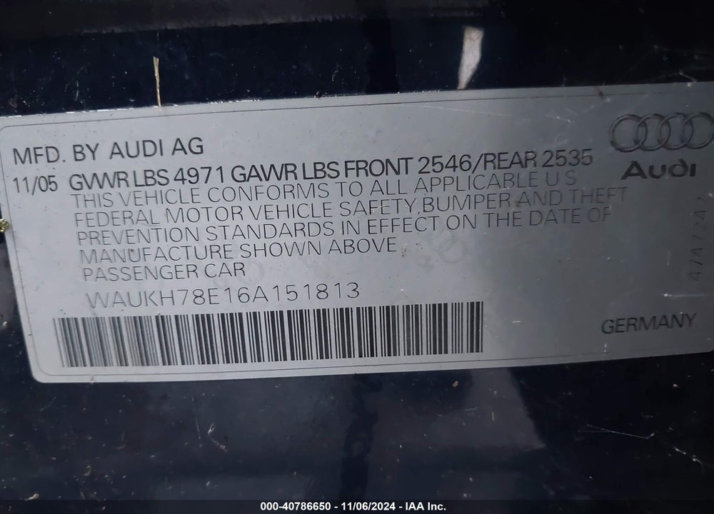 2006 AUDI A4 3.2 AVANT VIN: WAUKH78E16A151813
