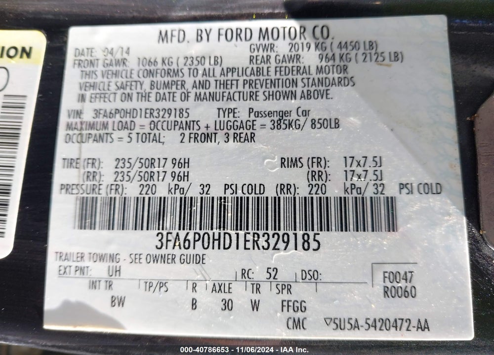 2014 FORD FUSION SE VIN: 3FA6P0HD1ER329185