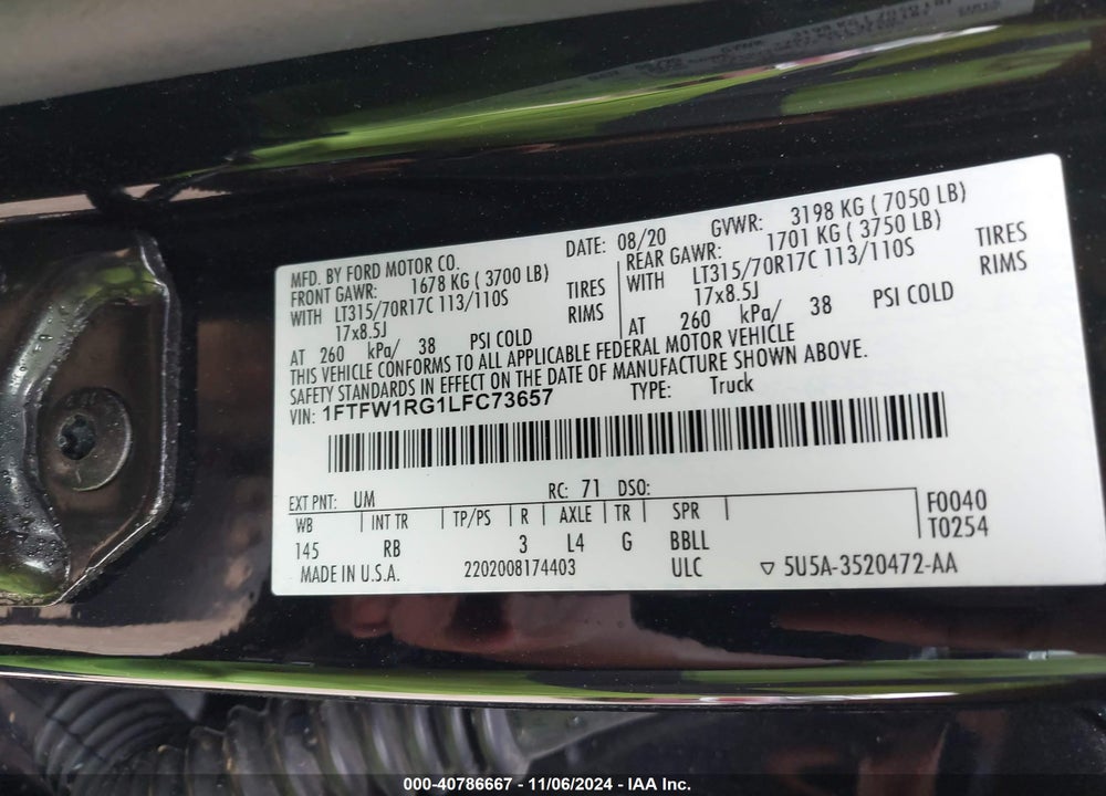 2020 FORD F-150 RAPTOR VIN: 1FTFW1RG1LFC73657