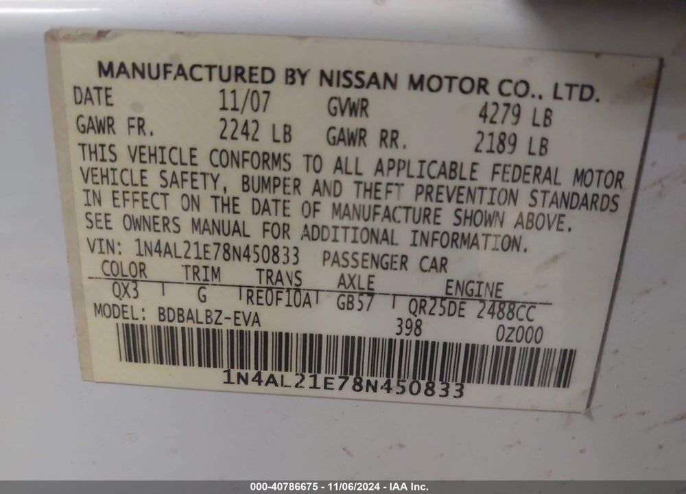 2008 NISSAN ALTIMA 2.5 S VIN: 1N4AL21E78N450833