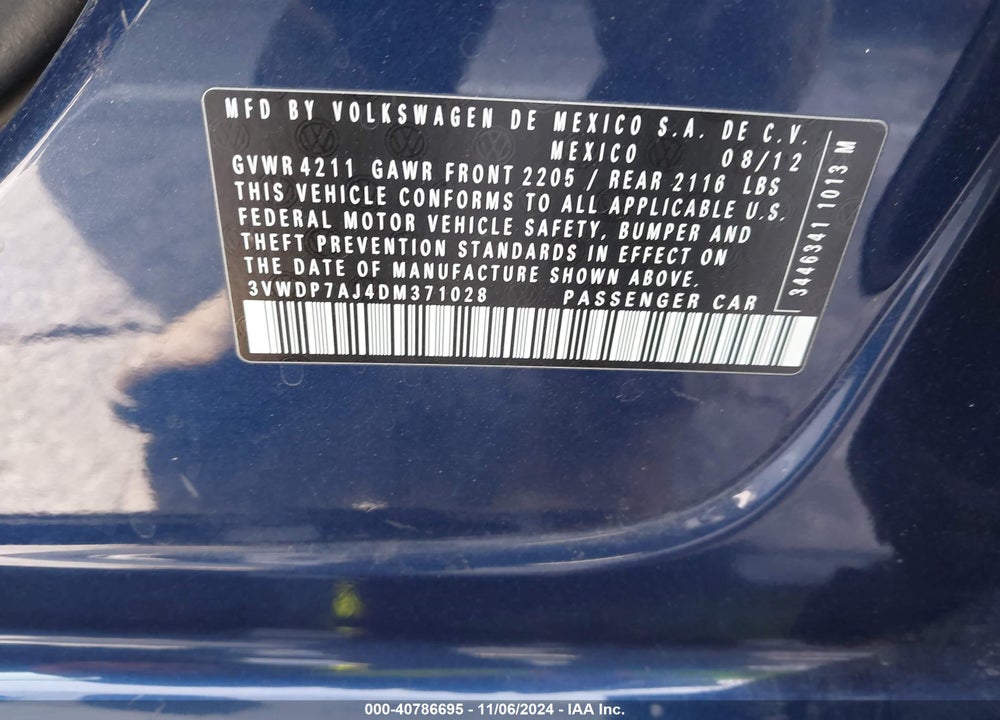 2013 VOLKSWAGEN JETTA SE VIN: 3VWDP7AJ4DM371028