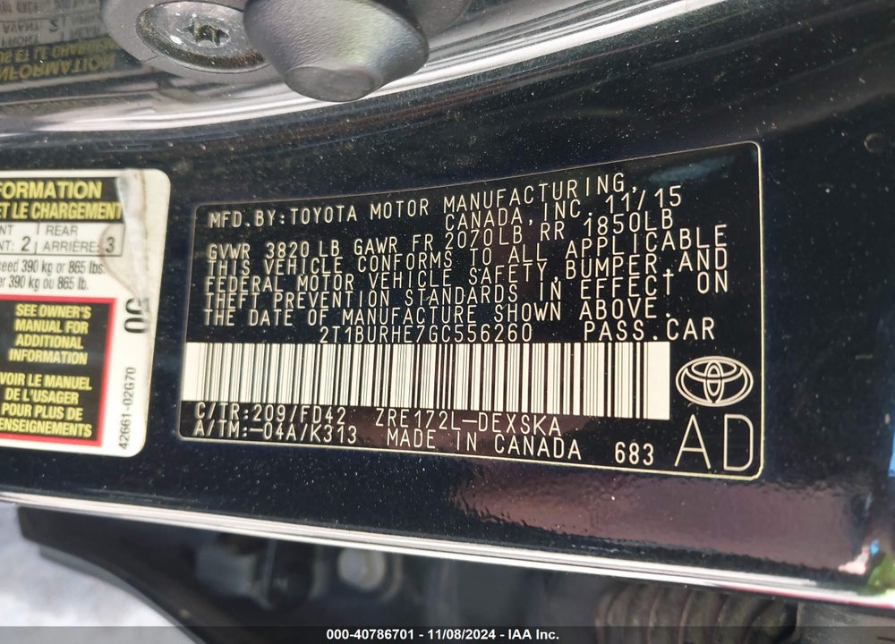 2016 TOYOTA COROLLA S VIN: 2T1BURHE7GC556260