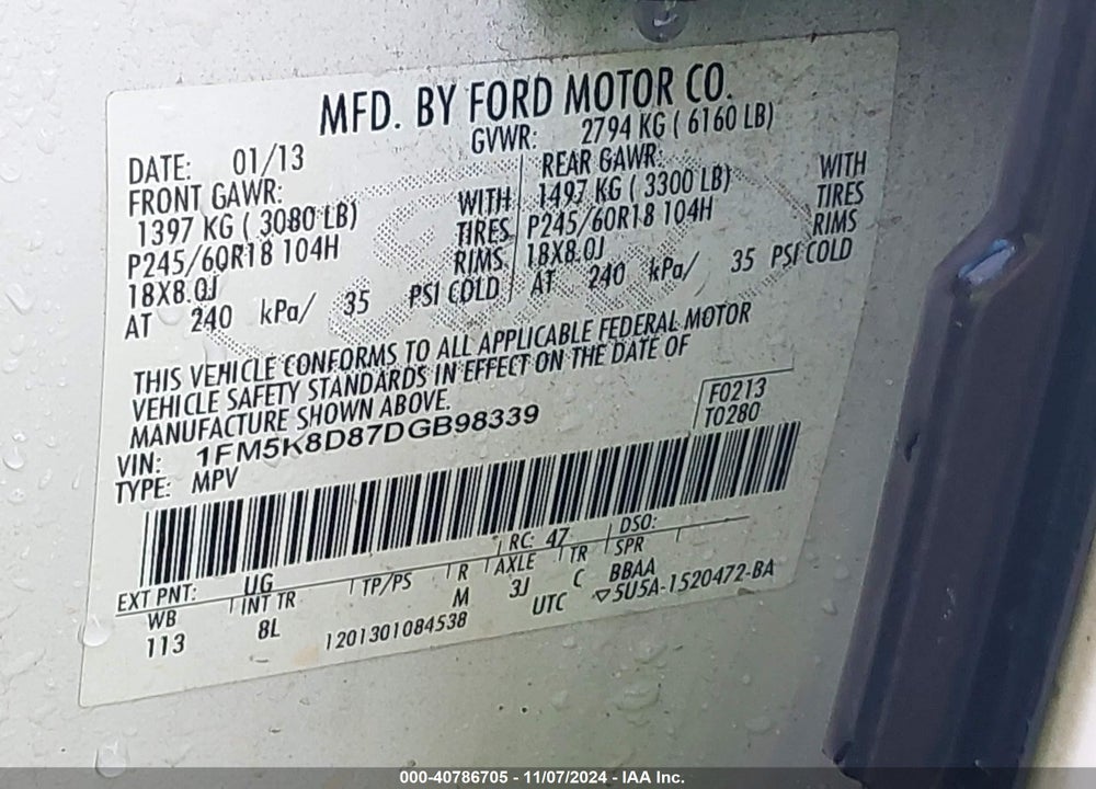 2013 FORD EXPLORER XLT VIN: 1FM5K8D87DGB98339
