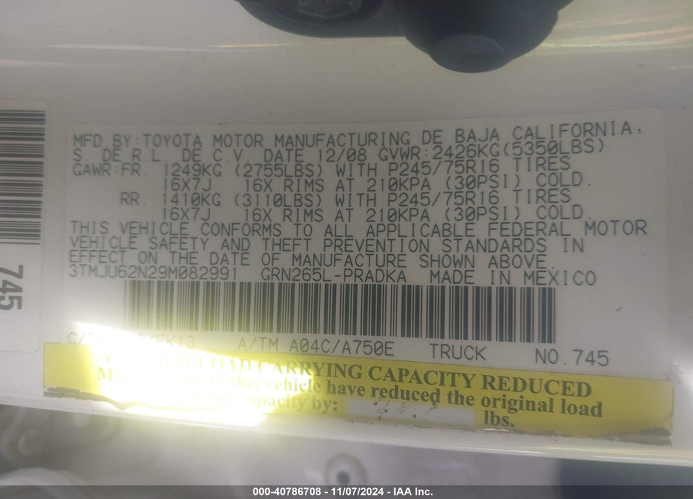 2009 TOYOTA TACOMA PRERUNNER V6 VIN: 3TMJU62N29M082991
