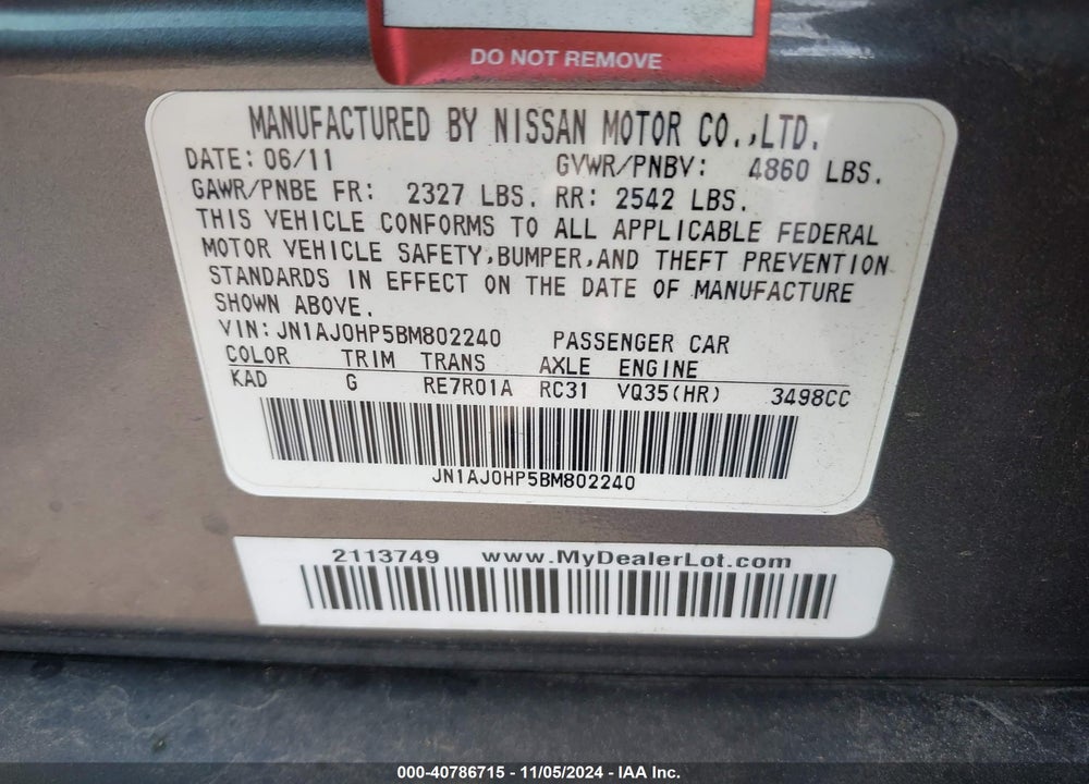 2011 INFINITI EX35 JOURNEY VIN: JN1AJ0HP5BM802240