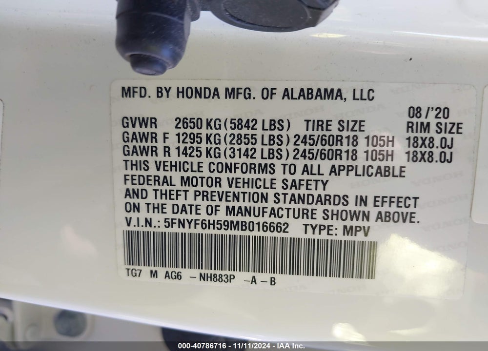 2021 HONDA PILOT AWD EX-L VIN: 5FNYF6H59MB016662