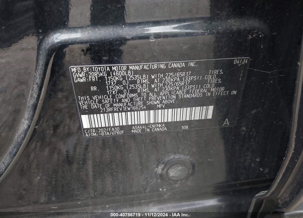 2014 TOYOTA RAV4 XLE VIN: 2T3RFREV1EW166254