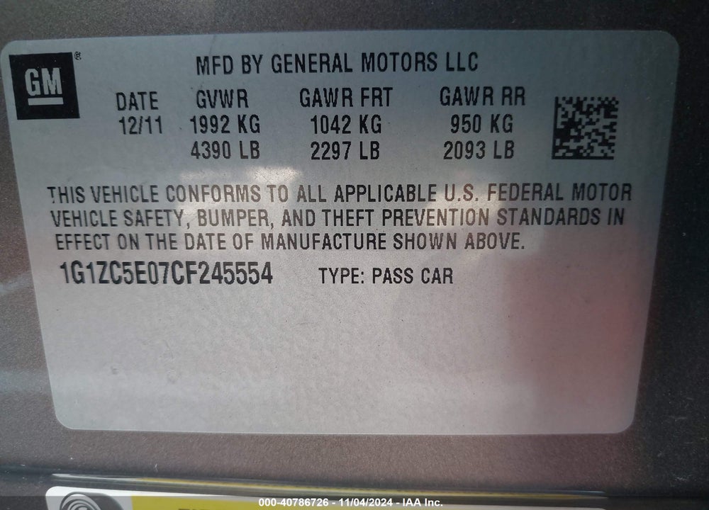 2012 CHEVROLET MALIBU 1LT VIN: 1G1ZC5E07CF245554