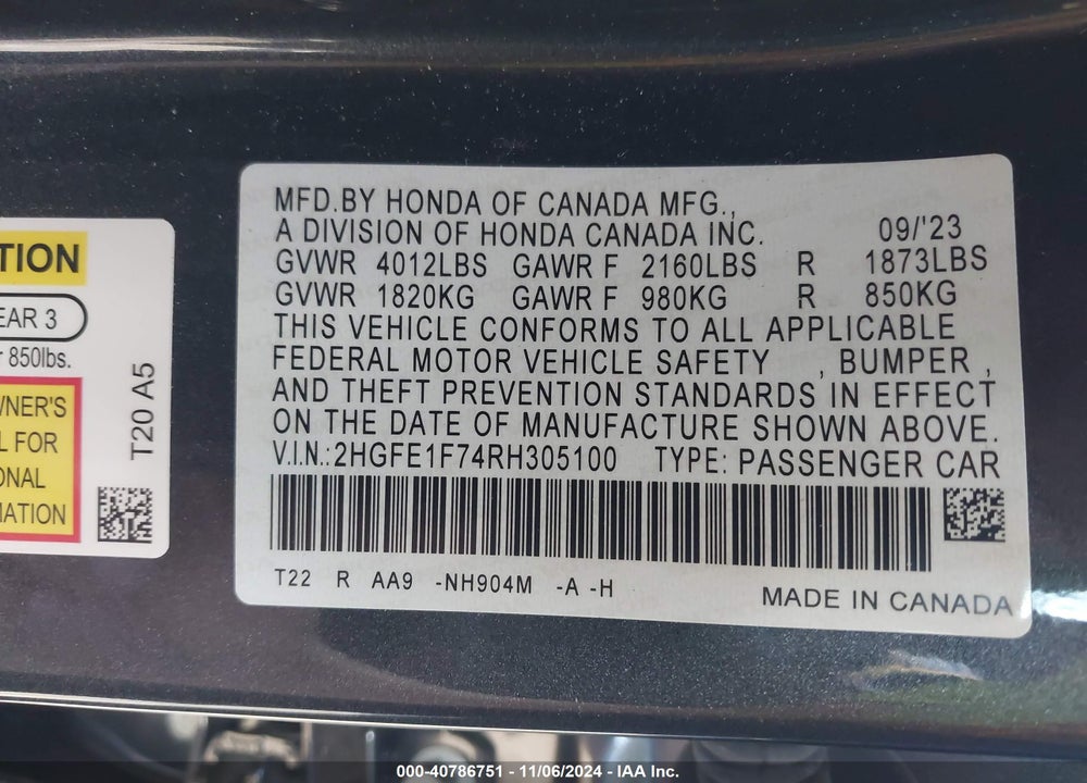 2024 HONDA CIVIC EX VIN: 2HGFE1F74RH305100