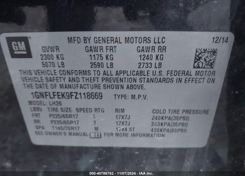 2015 CHEVROLET EQUINOX 1LT VIN: 1GNFLFEK9FZ118669