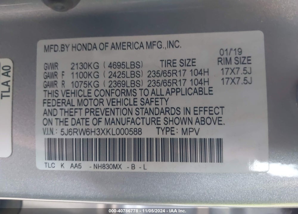 2019 HONDA CR-V LX VIN: 5J6RW6H3XKL000588