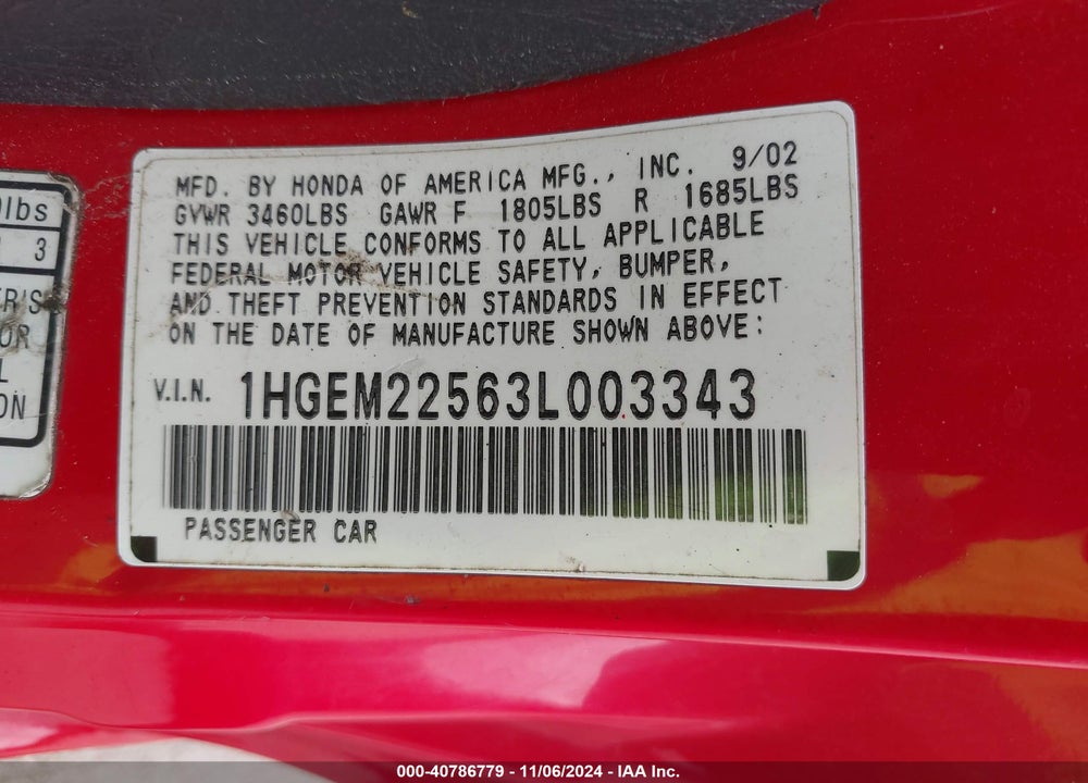2003 HONDA CIVIC LX VIN: 1HGEM22563L003343