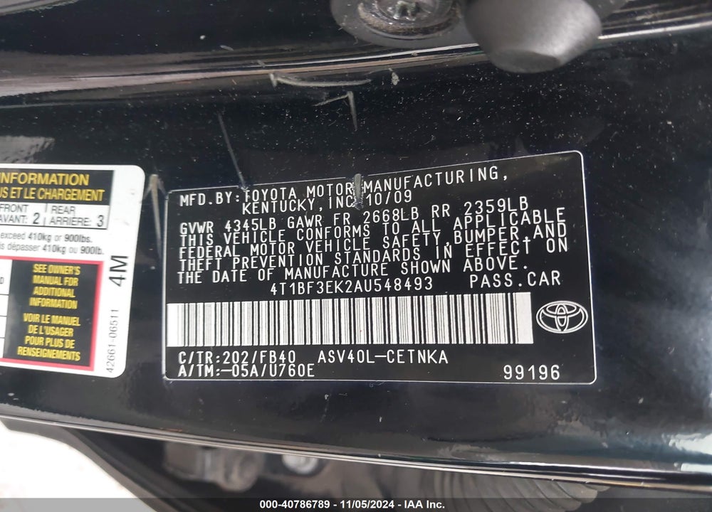 2010 TOYOTA CAMRY LE VIN: 4T1BF3EK2AU548493