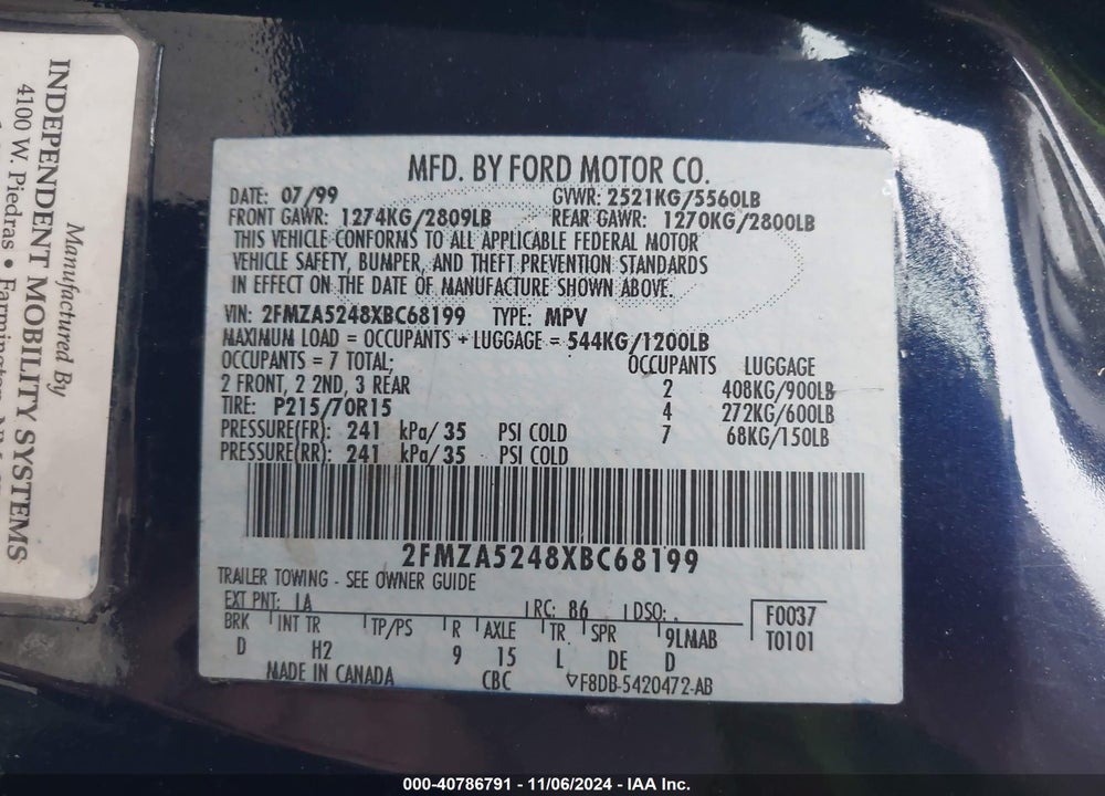 1999 FORD WINDSTAR SE VIN: 2FMZA5248XBC68199