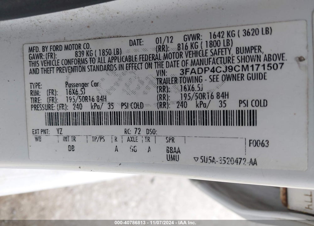 2012 FORD FIESTA SEL VIN: 3FADP4CJ9CM171507